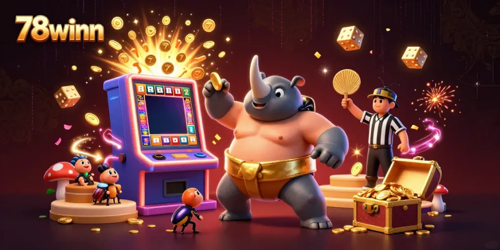 Engage in the thrilling world of 78winn with a dynamic scene featuring a rhinoceros beetle champion amidst a jackpot explosion of coins and 3D casino elements.