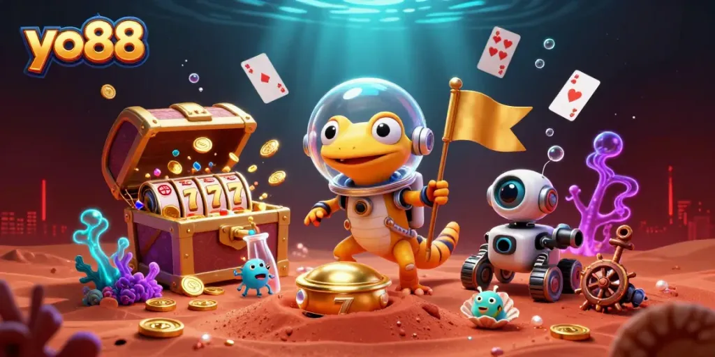 yo88 players enjoy the excitement of a vibrant 3D casino experience with gold coins and gaming symbols