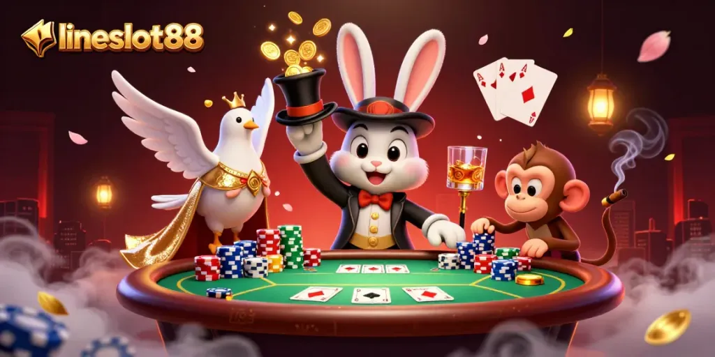 Experience exciting moments with lineslot88 as a magician, dove, and monkey bring casino action to life.