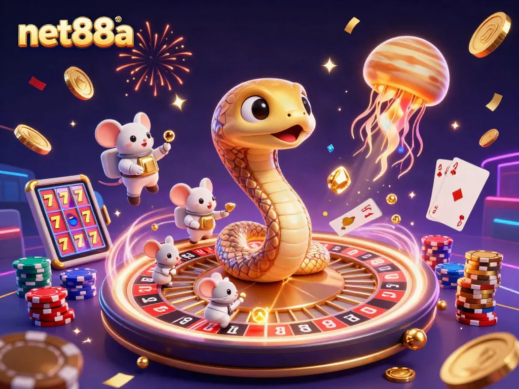 Experience the thrill of net88a with astronaut mice placing bets on a cosmic roulette wheel in a vibrant 3D casino world.