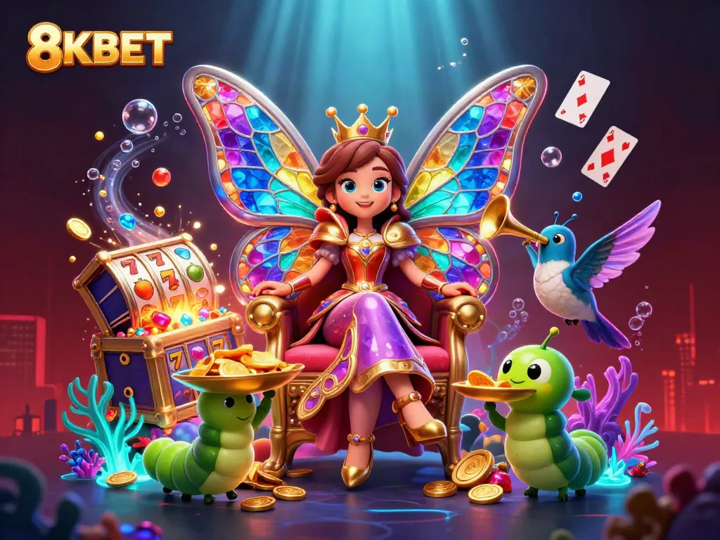 Experience thrilling wins at 8KBET with vibrant images of a 3D casino scene packed with colorful slots.