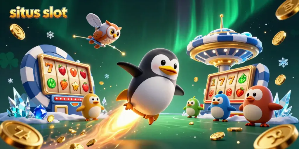 Menggambarkan situs slot dengan penguin emas dan elemen kasino dalam ilustrasi 3D.