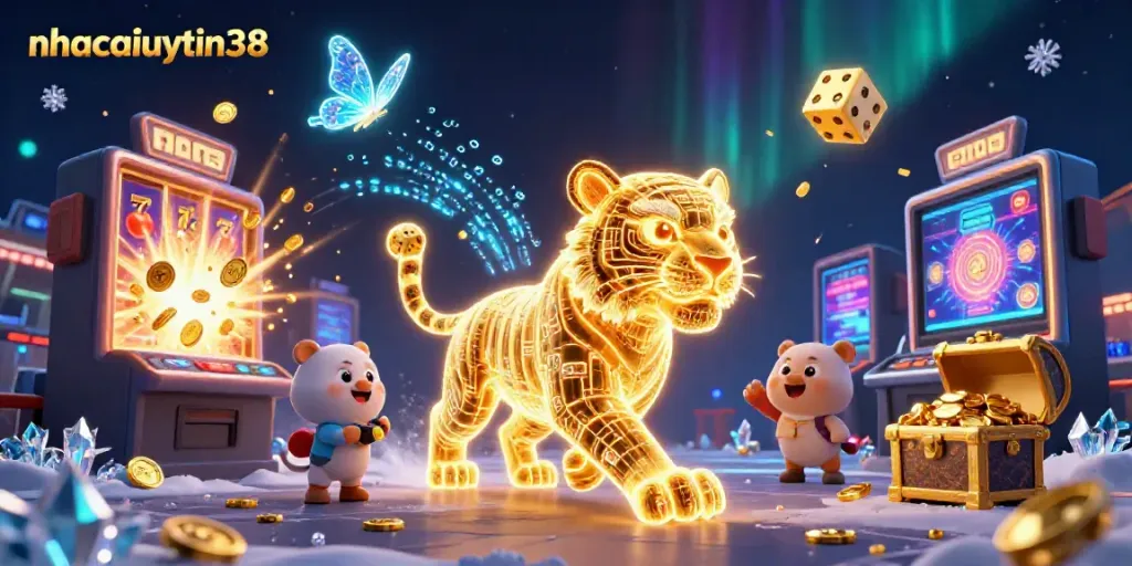 Experience the thrilling world of nhacaiuytin38 with a vibrant digital casino scene featuring a neon golden tiger and jackpot elements.