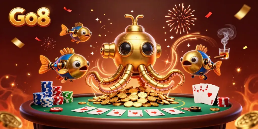 Engage with Go8's vibrant casino adventure featuring a golden kraken submarine amidst poker excitement.