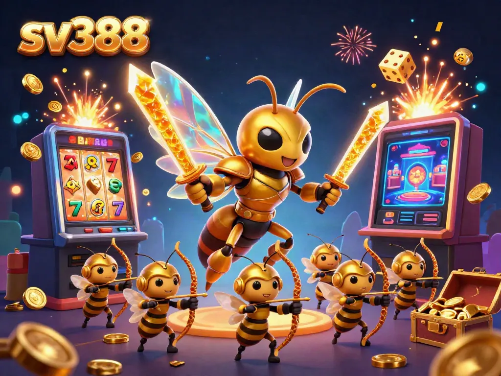 Engage with sv388's vibrant casino scene featuring a samurai hornet amidst jackpot elements and bee archers.