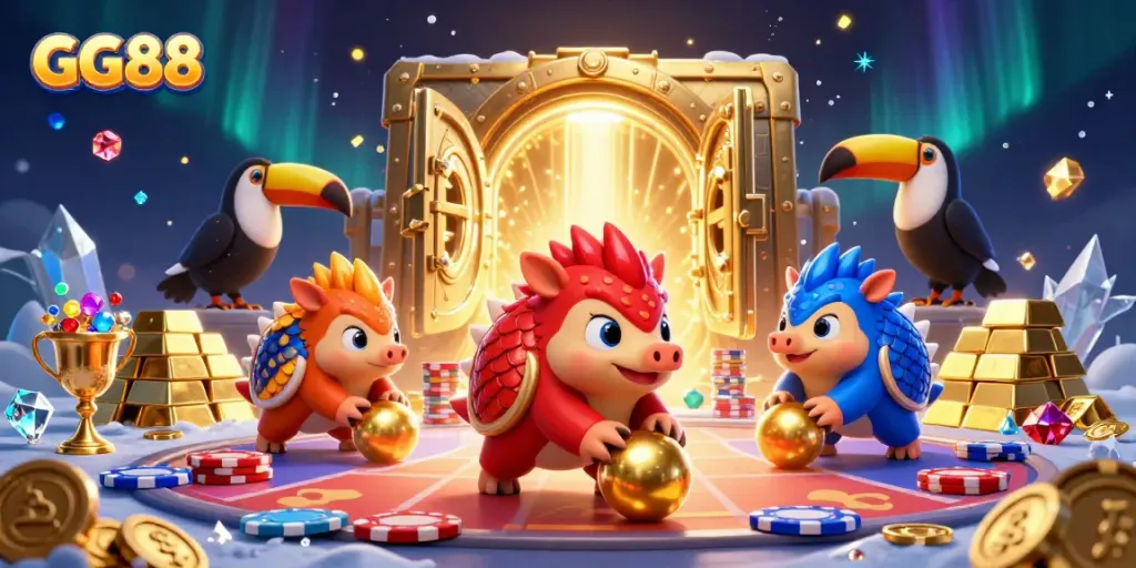 Engage with the thrilling GG88 casino scene featuring rival pangolins bowling through poker chips.