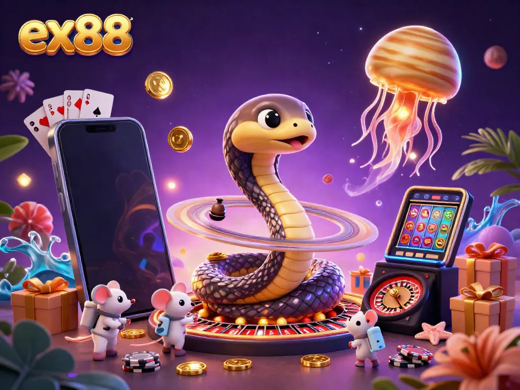 Experience dynamic betting action with ex88, where cartoon characters and casino elements combine in a vibrant cosmic scene.