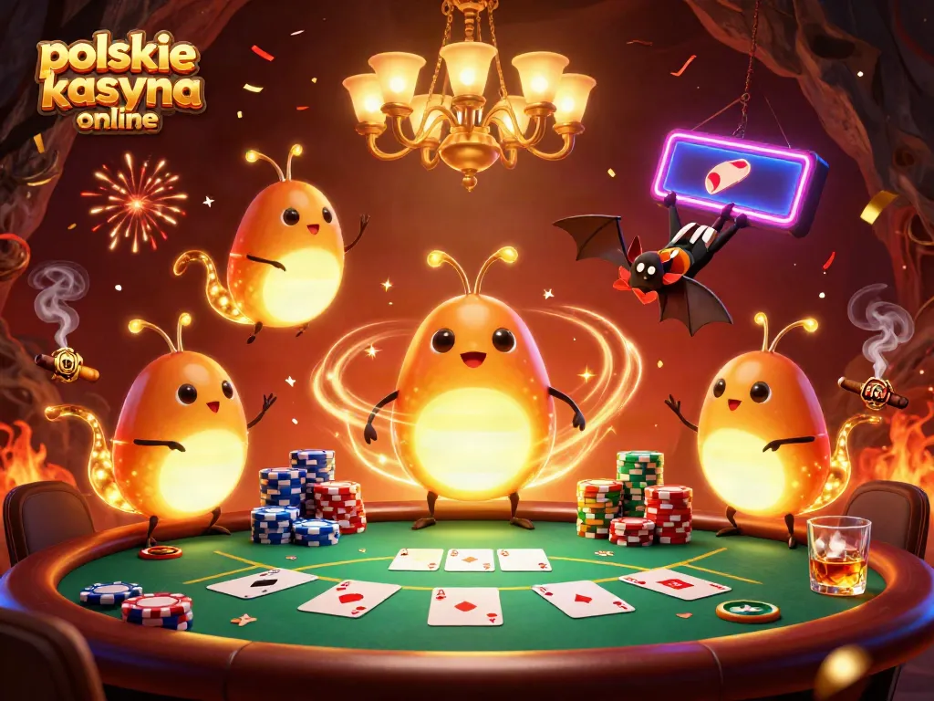 Experience polskie kasyna online with vibrant glowworms illuminating a cave casino filled with poker excitement.