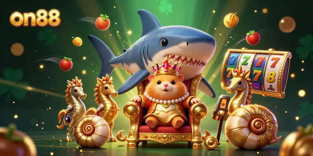 Experience the excitement of on88 with a golden hamster king on a megalodon throne amidst flying slot symbols and gold coins.