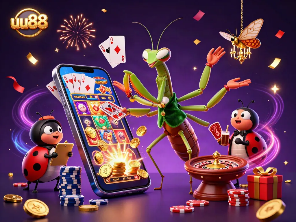 Experience thrilling gaming action at uu88 with our interactive casino scene filled with vibrant game elements.