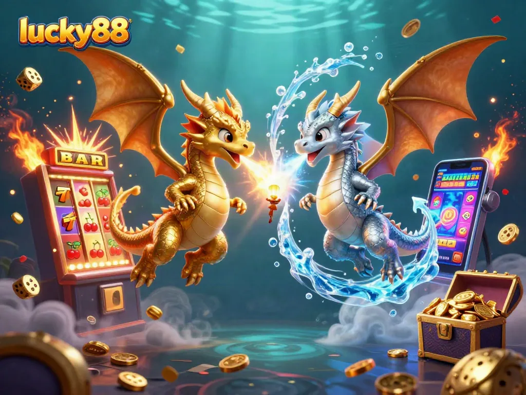 Engage with lucky88's vibrant casino scene featuring dynamic dragons amidst a jackpot explosion.