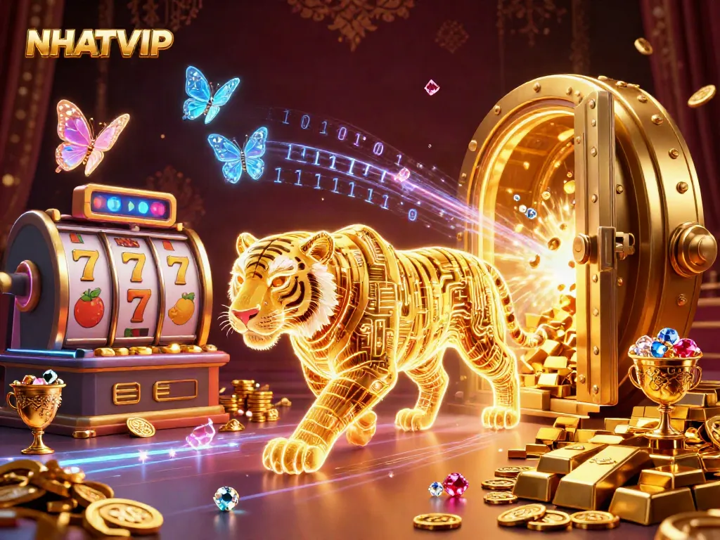 Join the action with NHATVIP in this vibrant casino scene showcasing slot reels and a golden tiger embodying excitement.
