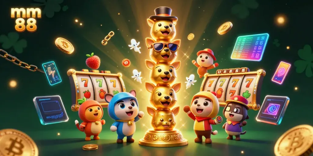 Engage with mm 88's dynamic casino experience featuring vivid 3D totem and slot visuals.