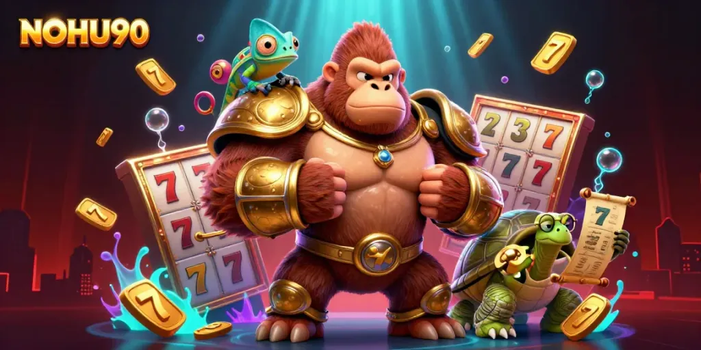 Experience the excitement of NOHU90 with a vibrant 3D illustration of casino action.