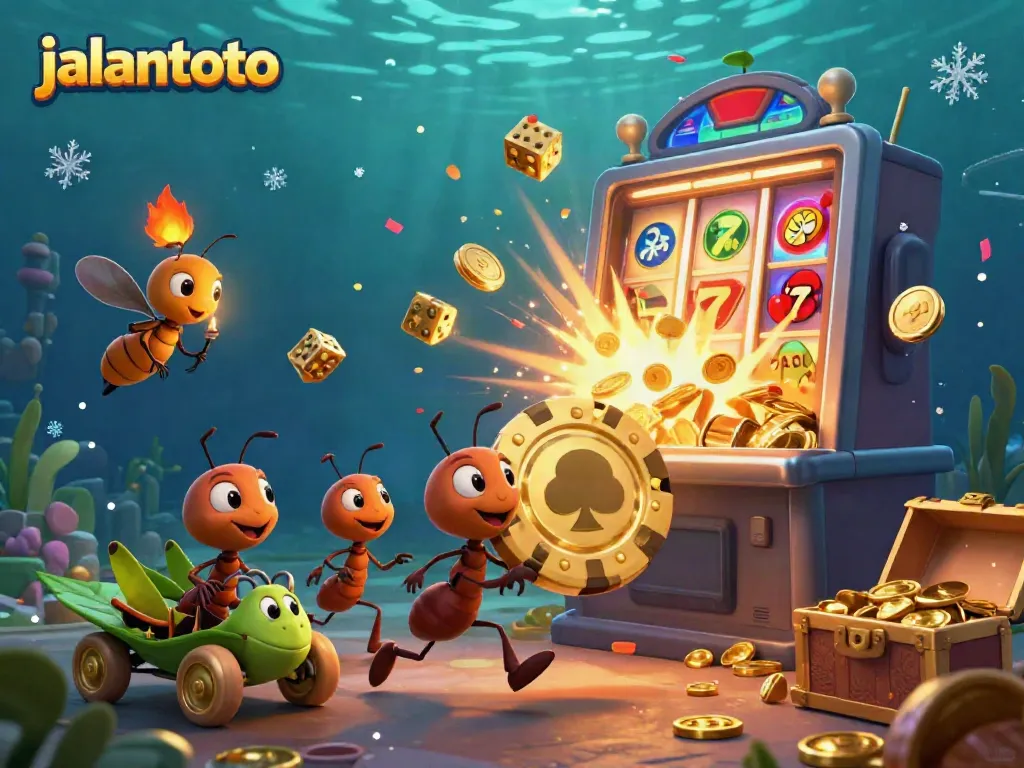 Experience the excitement of jalantoto as ants haul a massive poker chip amidst a vibrant casino heist scene.