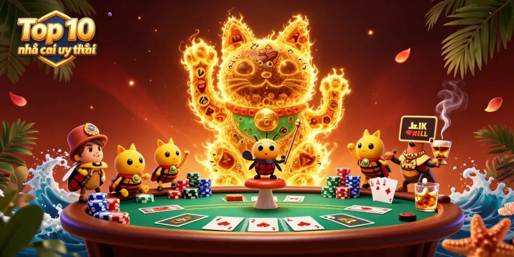Experience the excitement of Top 10 nhà cái uy tín with dynamic casino elements and vibrant illustrations.