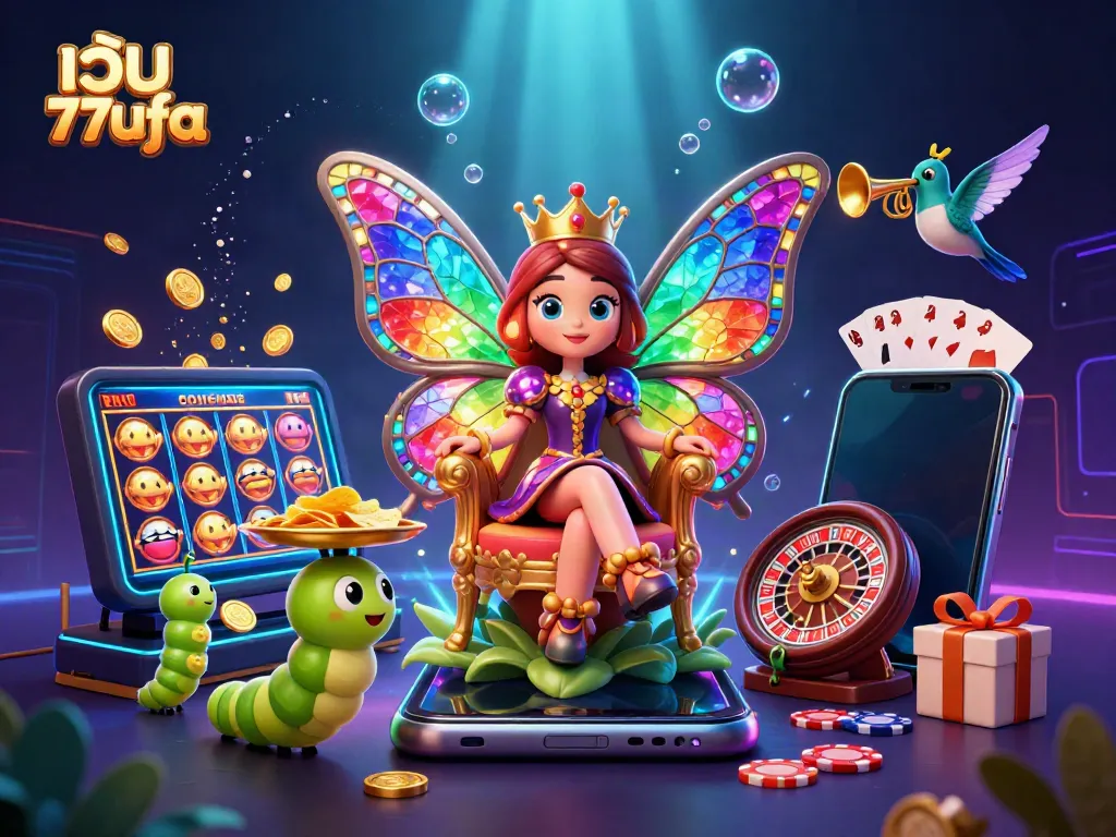 Experience thrilling gaming moments at เว็บ 77ufa with vibrant 3D illustration showcasing slots and casino elements.