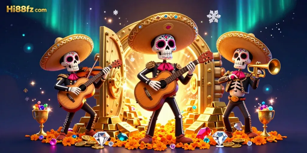 Experience the excitement of Hi88fz com with a festive mariachi band surrounded by treasures.