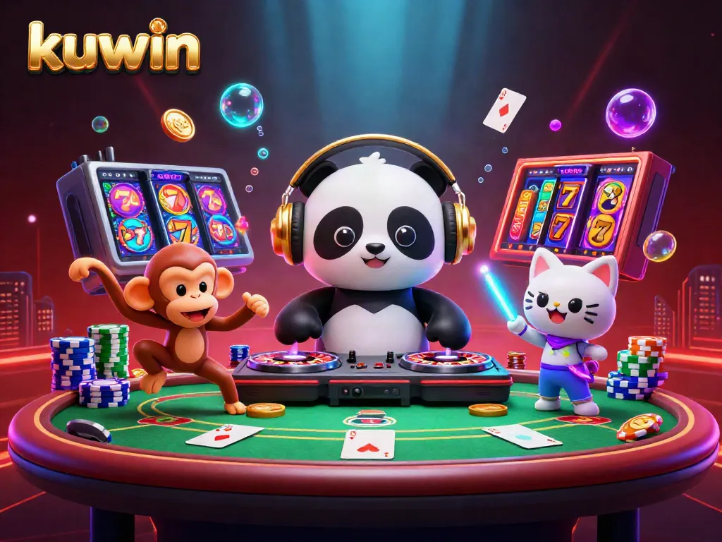 Kuwin's vibrant casino scene features a DJ panda, breakdancing monkey, and rave kitten amidst poker chips and jackpots, highlighting gaming excitement.
