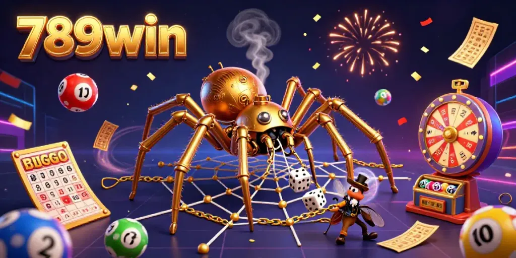 Watch the 789win golden spider catch unlucky dice in a dynamic, colorful lottery scene.