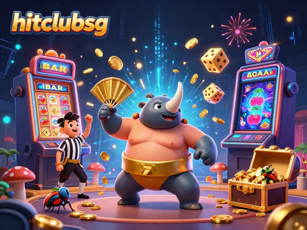 Experience the thrilling world of hitclubsg with a dynamic 3D scene showcasing a victory celebration in a vibrant casino.