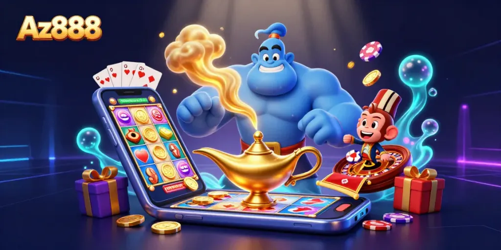 Engage with Az888's thrilling casino experience featuring vibrant gaming elements and lively characters.