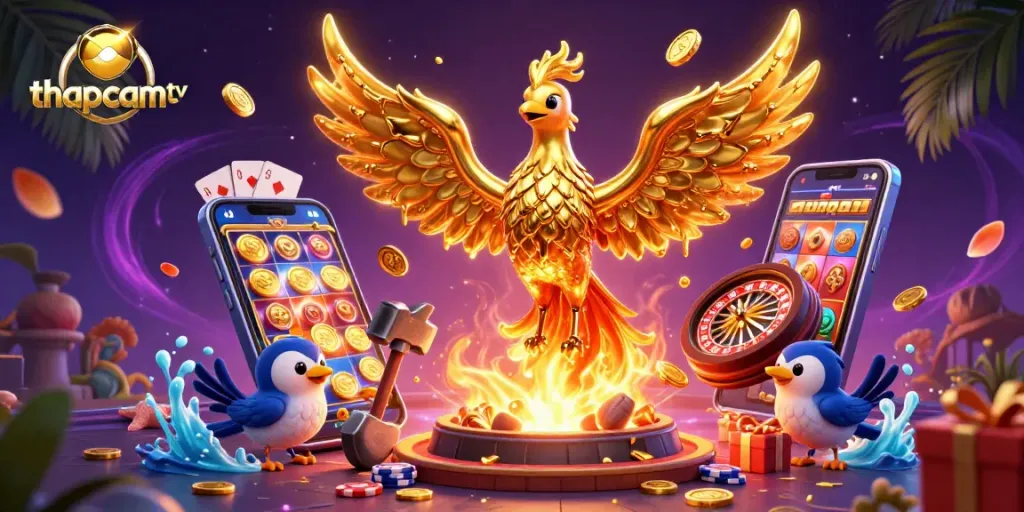 Experience thapcam tv's immersive sports betting action with a vibrant 3D illustration of casino games and golden phoenix.