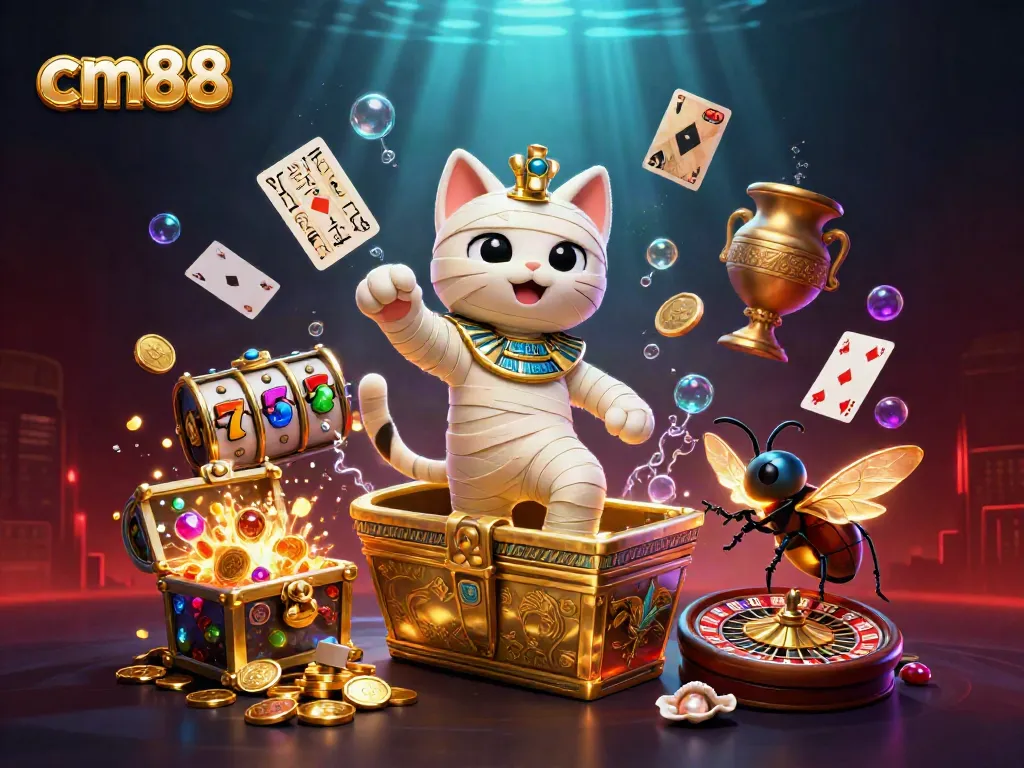 Engage in thrilling cm88 slots action with a 3D Egyptian mummy cat emerging from a golden sarcophagus surrounded by casino elements.