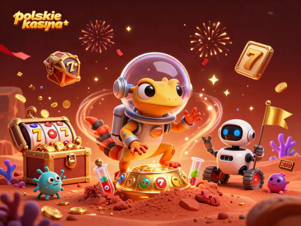 Engage with polskie kasyna online at a vibrant golden casino on Mars featuring colorful slot games and treasures.
