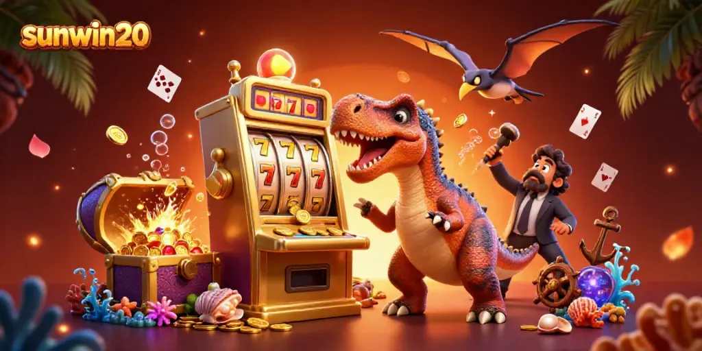 Experience the excitement of sunwin20 as a pachycephalosaurus hits a jackpot, surrounded by vibrant casino elements.