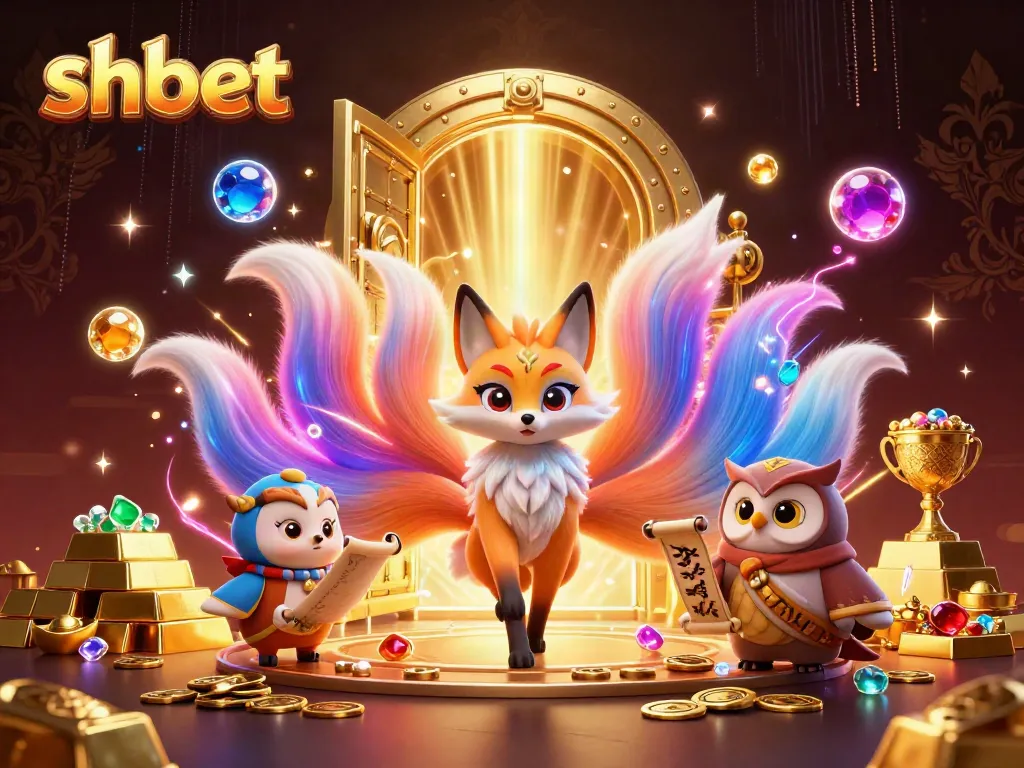 Engage with shbet's colorful nine-tailed fox and owl sage in a rich casino-themed adventure.