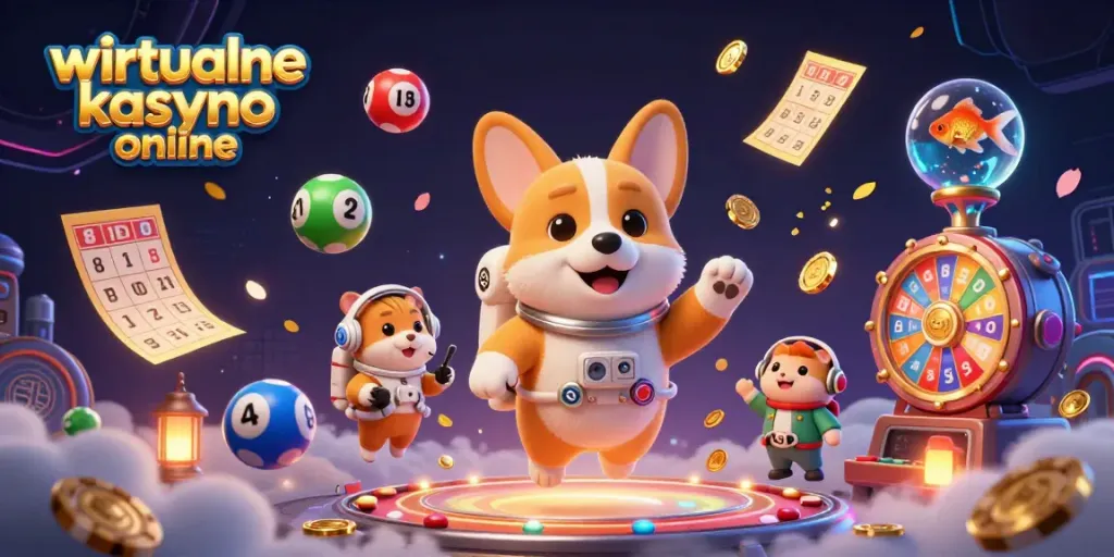 Engage in the excitement of wirtualne kasyno online with a playful scene of a floating corgi, hamster, and goldfish amidst vibrant casino elements.