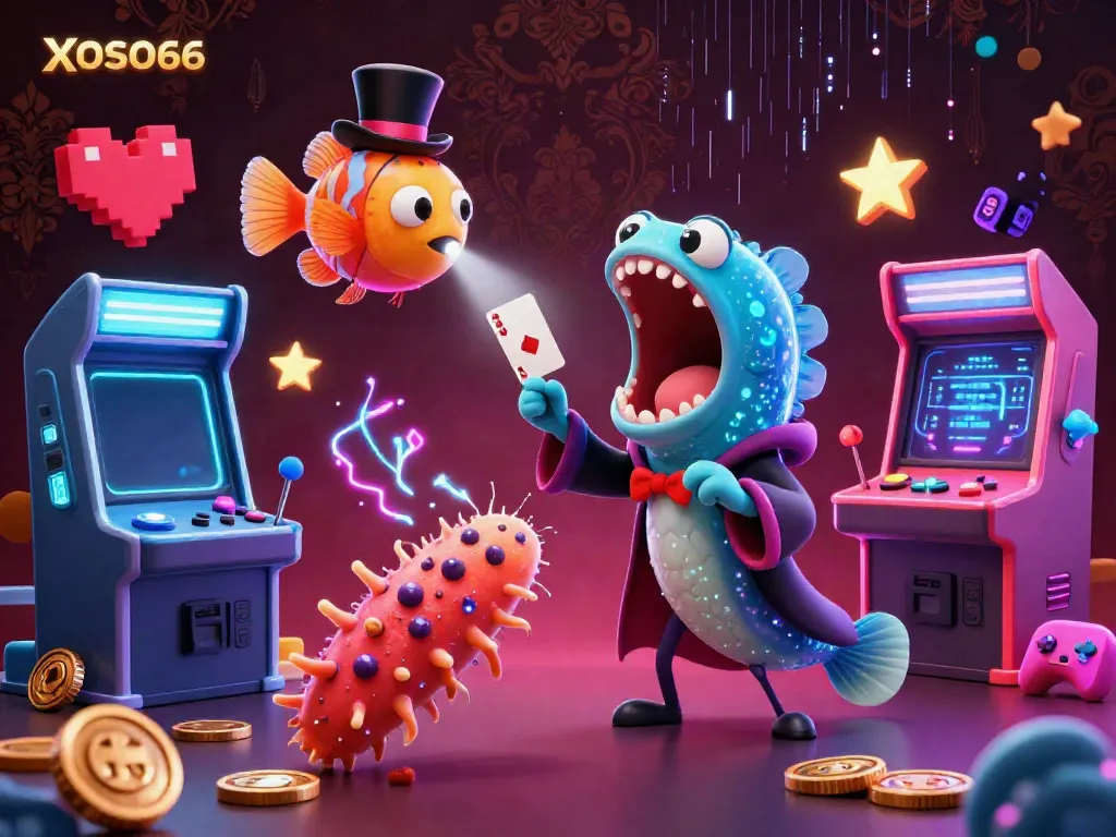 XOSO66 card tricks perform in a vibrant 3D casino scene filled with arcade games and magic elements.