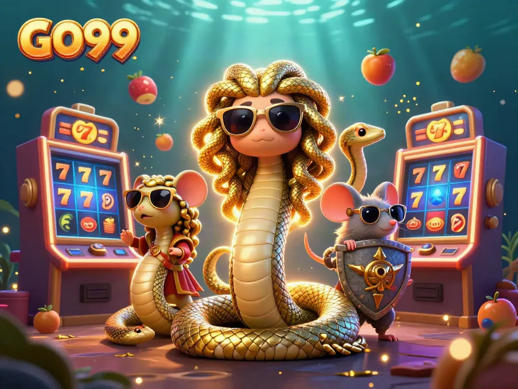 Experience GO99 with a captivating Medusa and warrior mouse set in a vibrant casino scene.