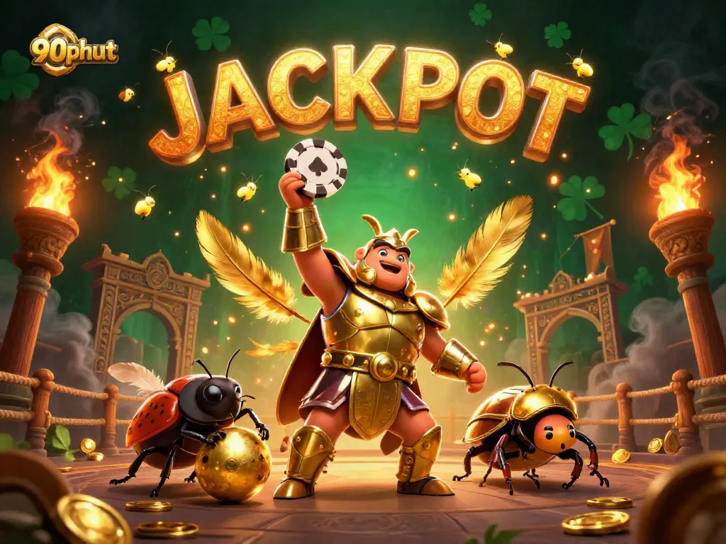 Engage with 90phut's thrilling jackpot scene featuring a victorious beetle in a vibrant casino.