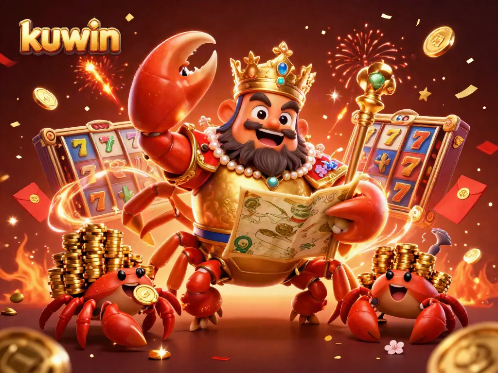 Kuwin entertains players with a vibrant casino scene featuring a crab emperor and dynamic slots.