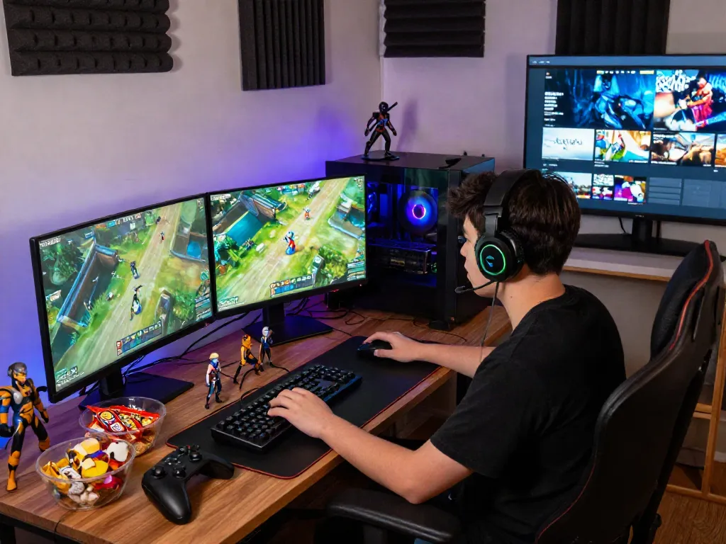 Gamer’s workspace featuring istana404 with vibrant game graphics on dual monitors and gaming accessories