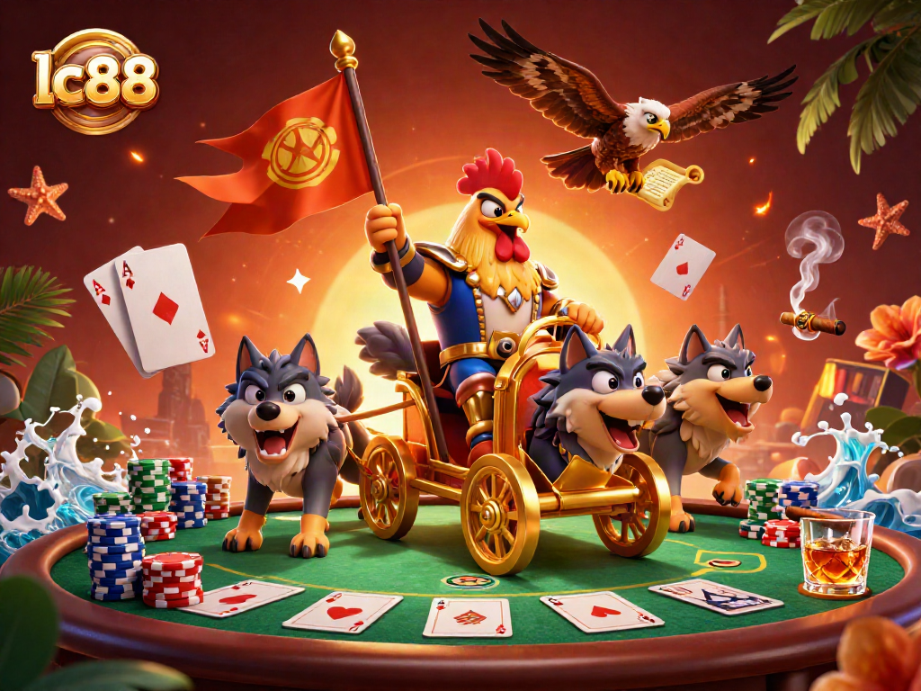 Join the lc88 battle with a dynamic 3D cartoon scene highlighting roosters and poker elements.