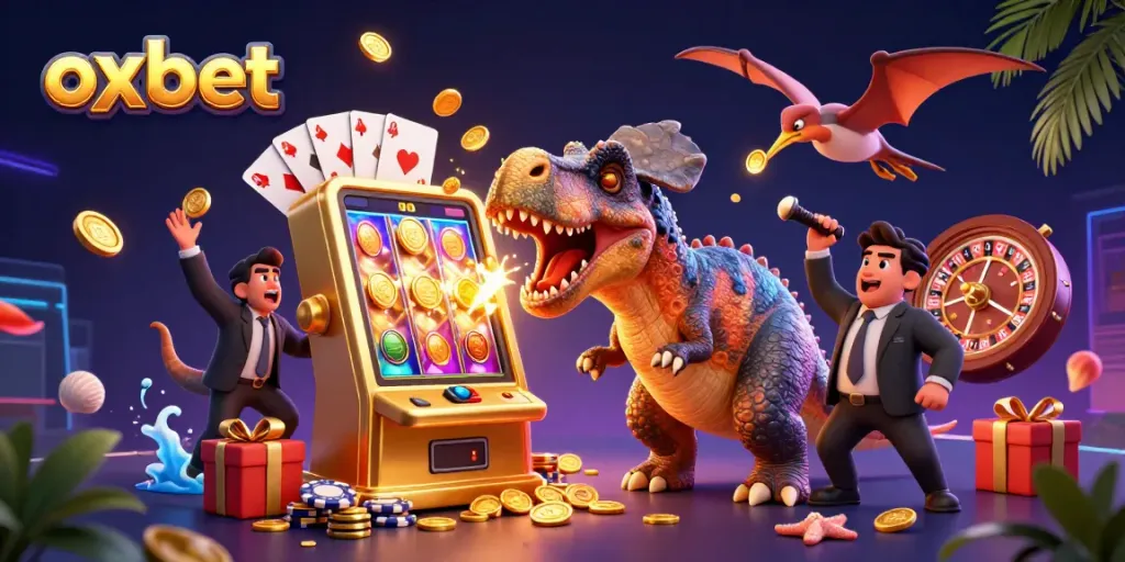 oxbet slots jackpot illustrated by a dinosaur activating a slot machine with flying coins and vibrant casino elements
