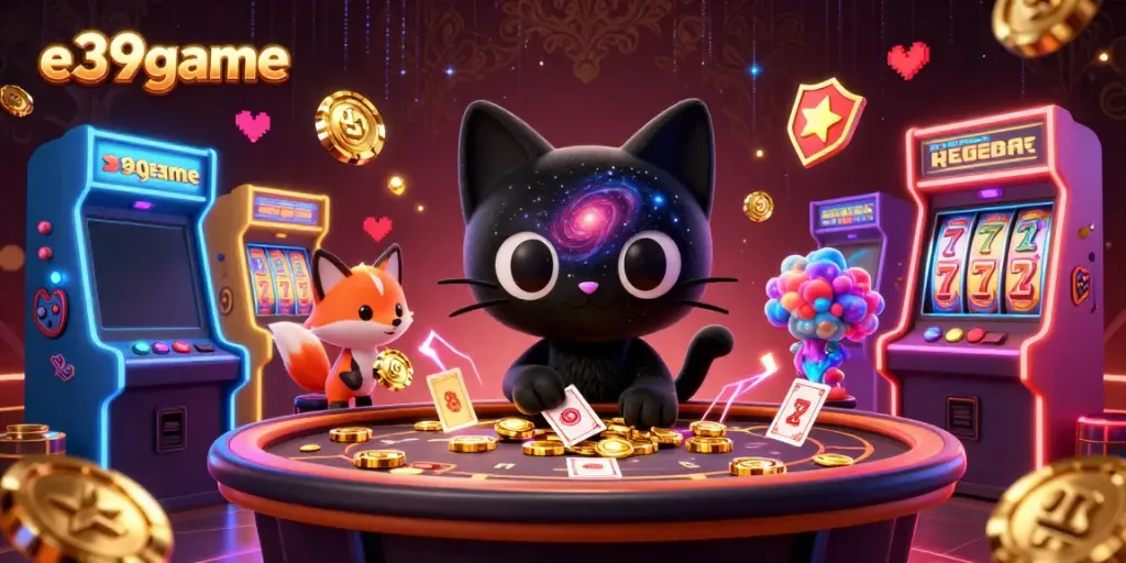 Experience the vibrant action of e39game, where a black hole cat wins golden chips in a cosmic casino.