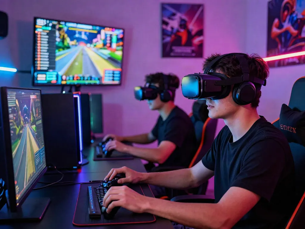 Exciting gaming experience at kilat404 with players immersed in virtual reality.