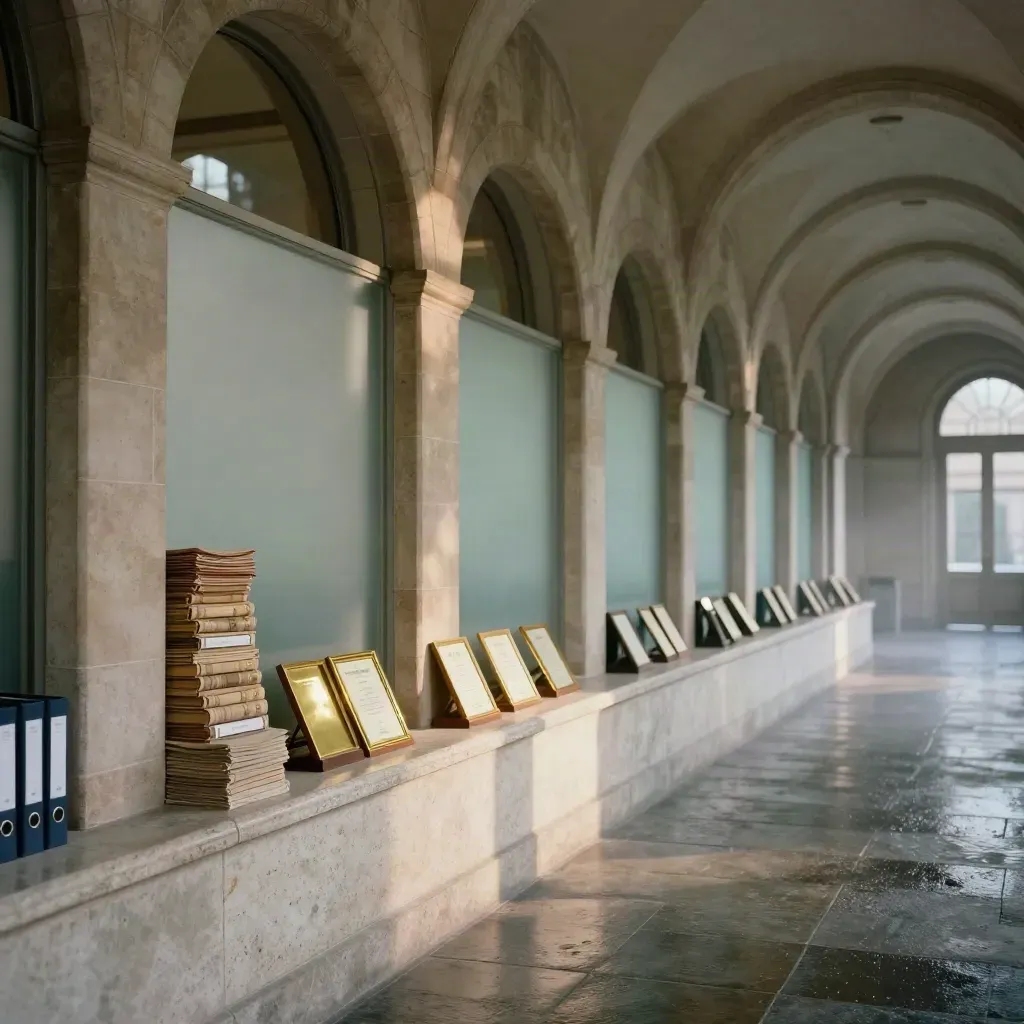 Wnętrze hallu rekrutacyjnego z kamiennym łukiem, teczkami i złotymi detalami po deszczu.