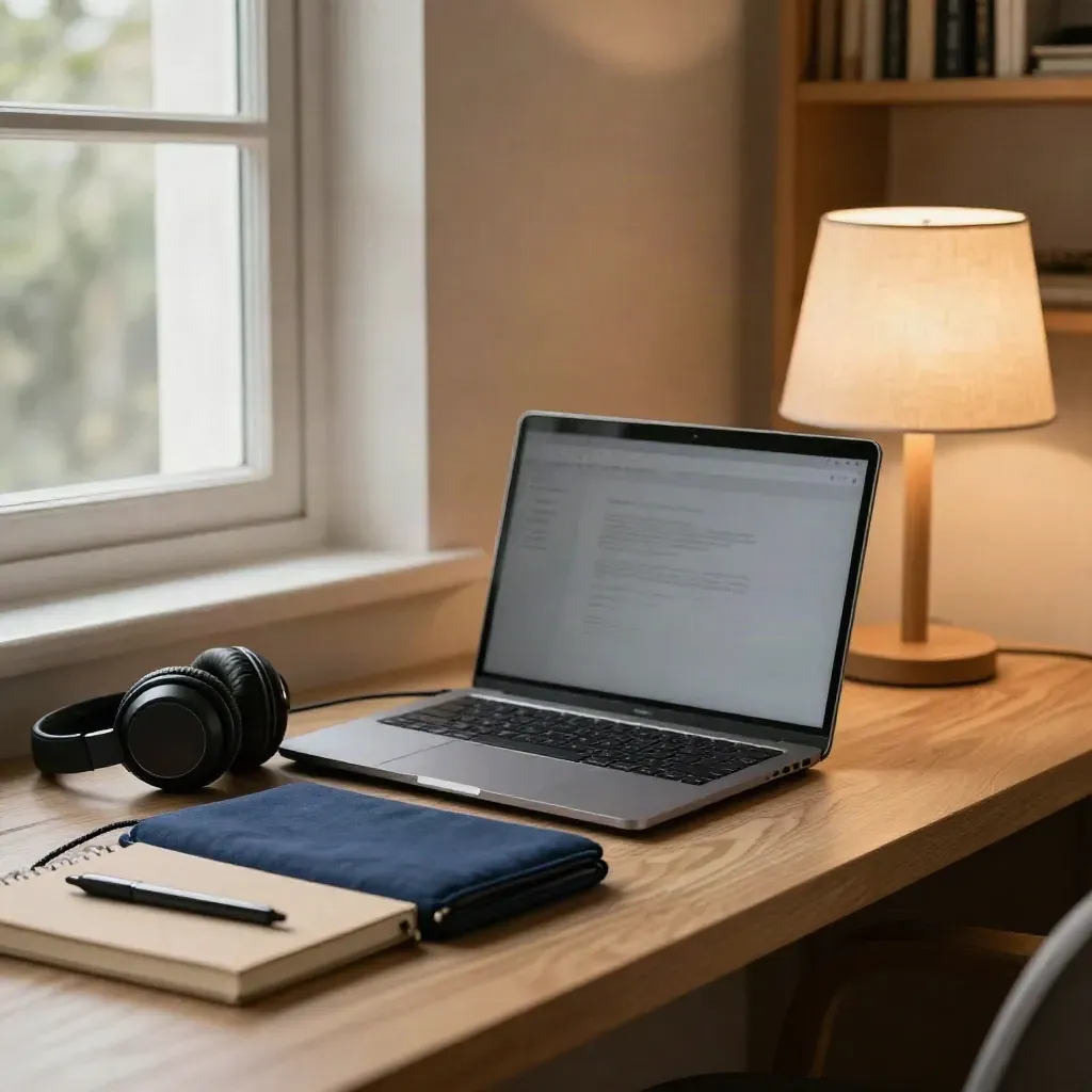 Zamknięty laptop, słuchawki, notatnik i lampka w ciepłym kąciku do nauki online.