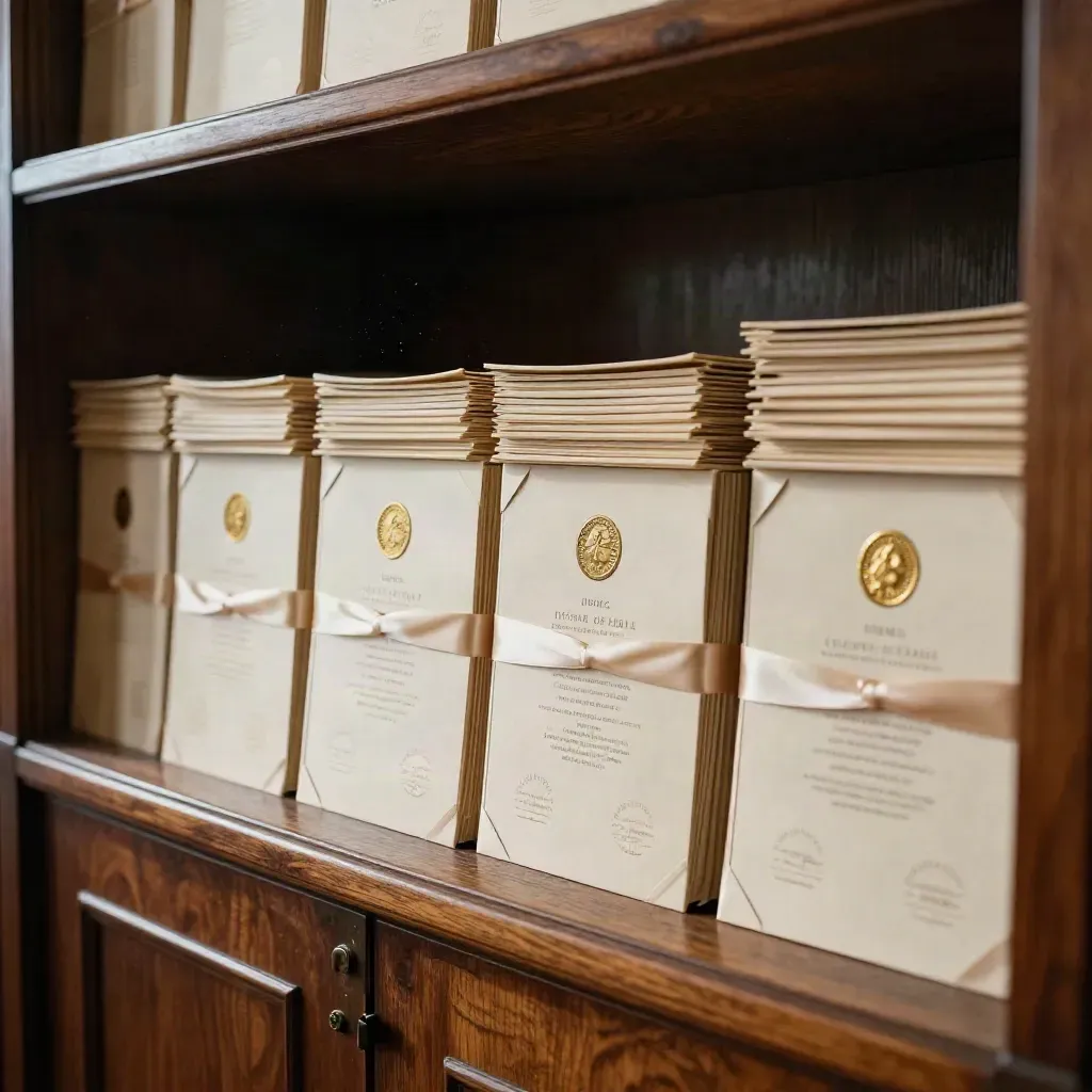 Archiwalna szafa z kremowymi certyfikatami, złotymi pieczęciami i wstążkami w półmroku.