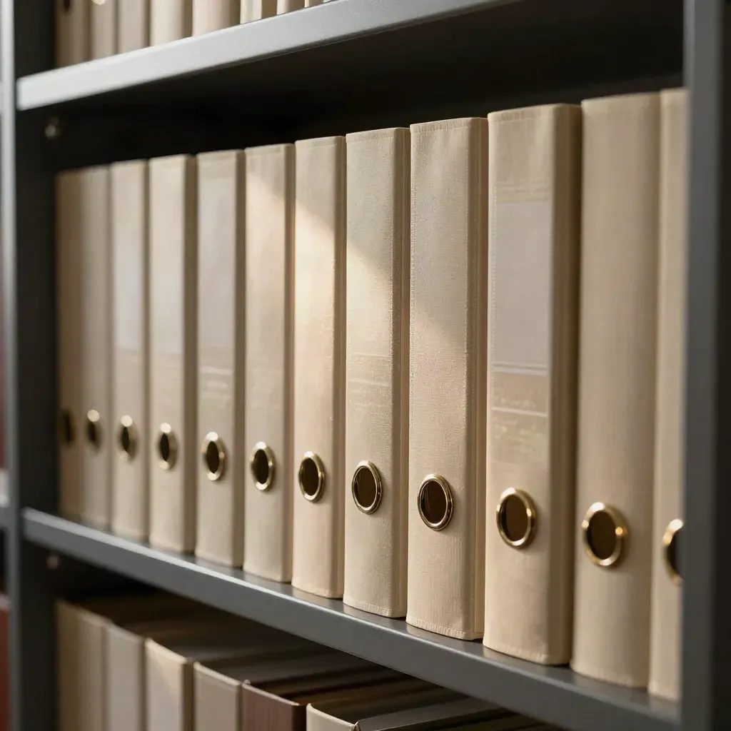 Półka archiwum rekrutacji z rzędem kremowych teczek i złotych klipsów w mroku.