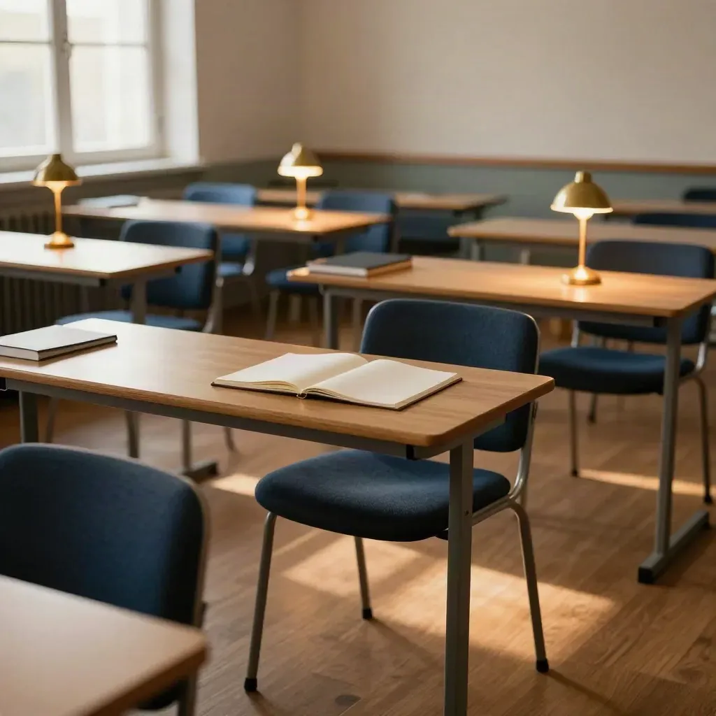 Pusta sala wieczorowych zajęć z lampami, granatowymi krzesłami i otwartymi notesami w ciepłym świetle.