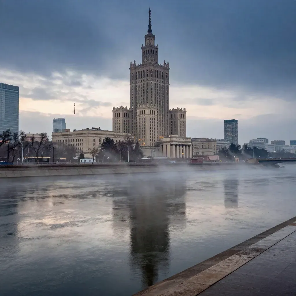 Warszawska panorama o zmierzchu z Pałacem Kultury nad mglistą Wisłą.