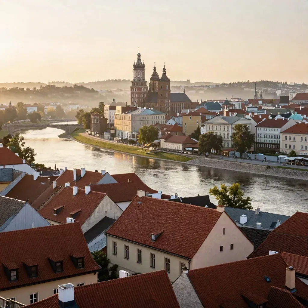 Kraków o zmierzchu z Wawelem nad mglistym brzegiem Wisły i spokojną przestrzenią na tekst.