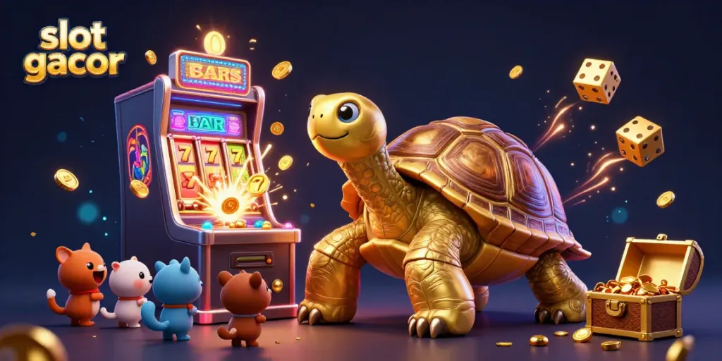 Slot gacor mengundang pemain dengan suasana kasino ceria dan jackpot luar biasa, dipenuhi koin dan lampu menyala.