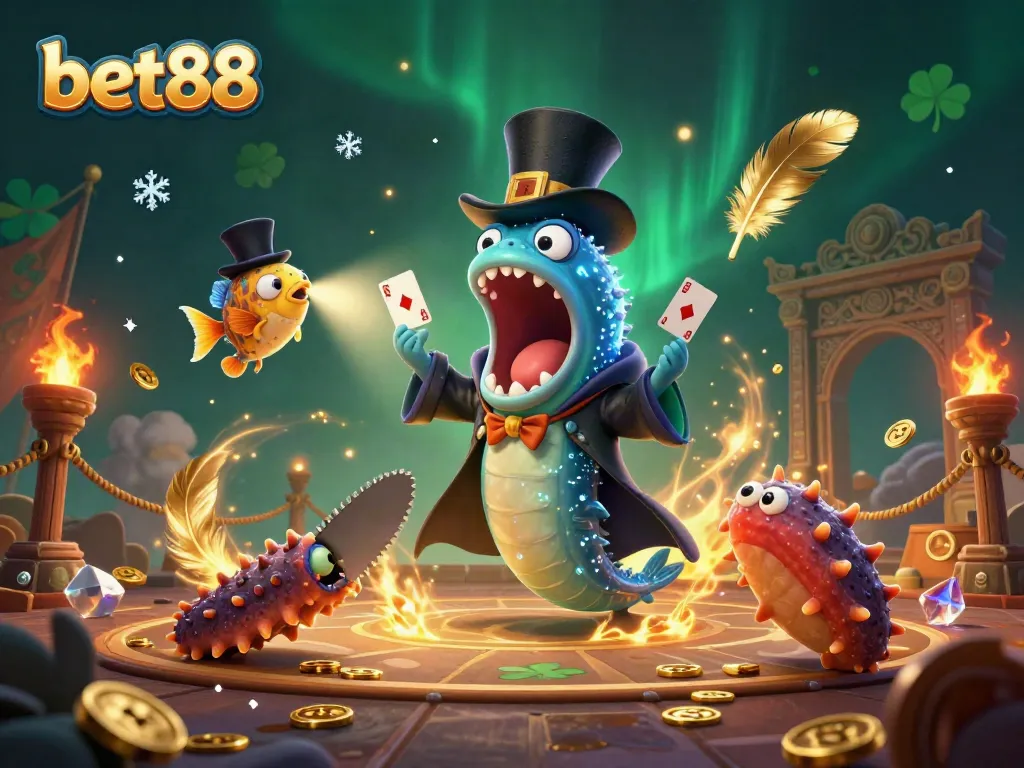 Engage with bet88 through a magical 3D casino scene featuring unique sea creatures performing tricks.